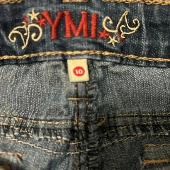 YMI Girls Blue Denim Shorts Sz 10 Bermuda Length Embroidered Button Flap Pockets - Picture 6 of 11